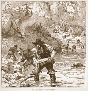 Gold Washing in California, from a book pub. 1896 (engraving)