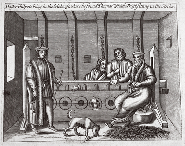Master Philpots being in the Colehouse, where he found Thomas Whittle, priest, sitting in the stocks, illustration from 'Acts and Monuments' by John Foxe, ninth edition, pub. 1684 (litho)