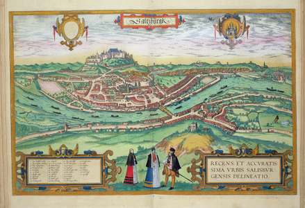 Map of Salzburg, from 'Civitates Orbis Terrarum' by Georg Braun (1541-1622) and Frans Hogenberg (1535-90) c.1572-1617 (coloured engraving)