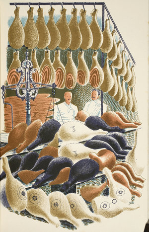 Hams, illustration from 'High Street' by J.M. Richards, printed by the Curwen Press, pub. by Country Life, 1938 (colour litho)