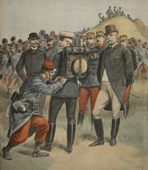 With the army manoeuvres: The duke of Connaught testing the bag of a soldier, illustration from 'Le Petit Journal: Supplement illustre', 2nd October 1898 (colour litho)