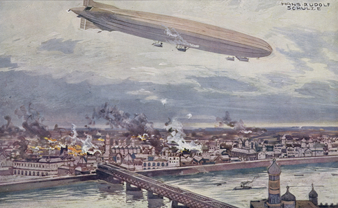 The Airship 'Schutte-Lanz' bombarding Warsaw, from 'Our Airforce in the World War 1914-1915' (colour litho) (see also 189205-208)