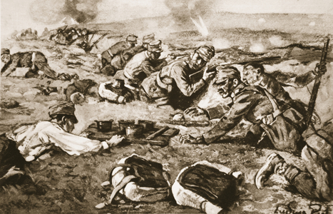 Dinner in the Austrian trenches under Russian shell-fire: men crawling to deliver rations in the firing line, from 'The Illustrated War News', 1916 (litho)