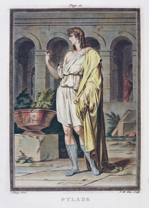 Pylades, costume for 'Andromache' by Jean Racine, from Volume I of 'Research on the Costumes and Theatre of All Nations', engraved by Pierre Michel Alix (1762-1817) 1802 (coloured engraving)