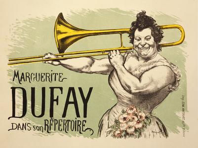 Reproduction of a poster advertising 'Marguerite Dufay in her Repetoire' (colour litho)