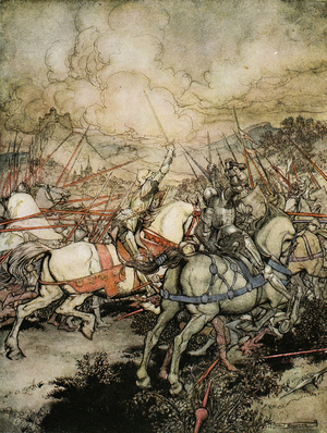 How Arthur drew his sword, Excalibur, for the first time, illustration from 'The romance of King Arthur and his knights of the Round Table' by Alfred W. Pollard, 1910 (colour litho)