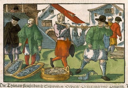 Fishmarket, from a German manuscript, c.1650 (hand-coloured woodcut)