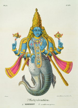 Matsyavatara or Matsya, from 'L'Inde francaise...', engraved by Marlet & Cie, pub. Paris 1827-1835 (colour litho)