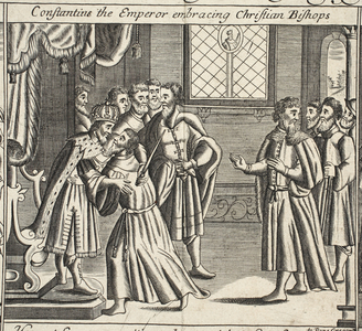 Constantin the Emperor embracing Christian Bishops, illustration from 'Acts and Monuments' by John Foxe, ninth edition, pub. 1684 (litho)