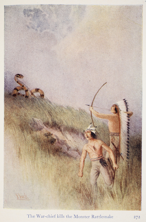 The War-chief kills the Monster Rattlesnake, illustration from 'Myths and Legends of the North-American Indians' by Lewis Spence (colour litho)