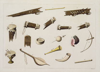 Musical instruments belonging to negro slaves (colour engraving)