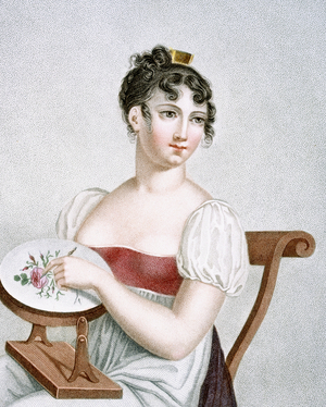 The Embroiderer, engraved by Augrand, c.1816 (coloured engraving)