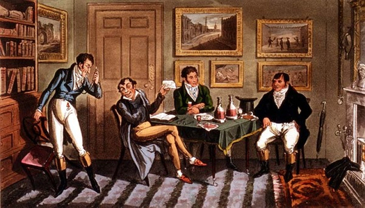 Tom and Jerry taking the hint at Logic's being blown up at `Point Nonplus'; or long `wanted' by John Doe and Richard Roe and must `come', from 'Life in London' by Pierce Egan, 1821 (coloured aquatint)