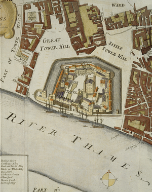 The Tower and St. Catherine's, detail of the Tower of London, for 'Stow's Survey of London', pub. 1754 (engraving) (detail of 94439)