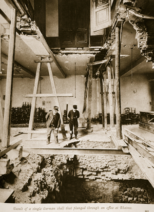 Result of a single German shell that plunged through an office at Rheims, 1914-19 (b/w photo)