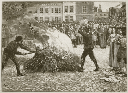 Burning of Blount's pamphlet by the Common Hangman, illustration from 'Cassell's Illustrated History of England' (engraving) (sepia photo)