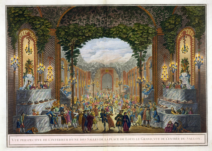 Perspective View of the Interior of one of the rooms of the Place de Louis le Grand, View of the entrance to the Salon (colour engraving)