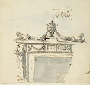Sketched design for a fireplace (pen & ink and wash)
