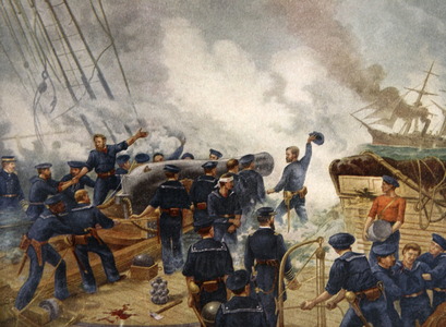 Kearsage Sinking the Alabama, June 19th 1864 (colour litho)