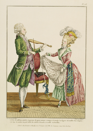 A gentleman playing the violin while a lady dances, engraved by J. Pelicier, c.1780-90 (engraving)