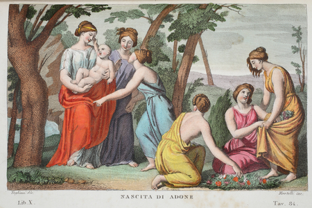 The birth of Adonis or Nascita di Adone, Book X, illustration from Ovid's Metamorphoses, Florence, 1832 (hand-coloured engraving)