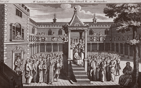 Mr Latimer preaching before King Edward VI at Westminster, illustration from 'Foxes Martyrs' c.1703 (litho)