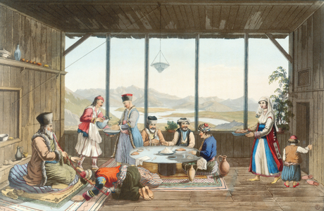 Dinner held at Delphi in honour of the painter by the elder of the village of Chryso, plate 10 from Part 2 of 'Views in Greece', engraved by T. Fielding, pub. 1821 (coloured aquatint)