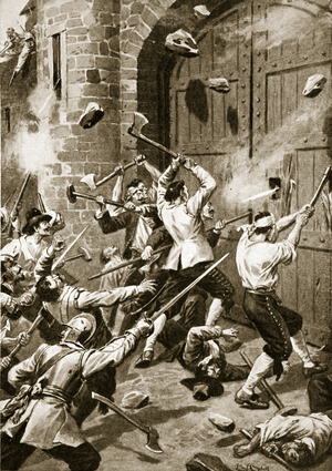 The Sack of Dundee, September 1st 1651: English seamen attacking the Wellgate Port (litho)