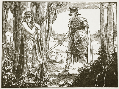 Cuchulain finds Queen Maeve (litho)