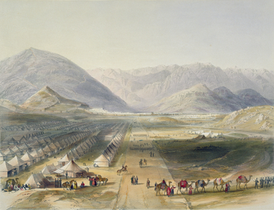 Encampment of the Kandahar Army under General Nott, outside the walls of Caubul, on the evacuation of Afghanistan by the British, plate 5 from 'Scenery, Inhabitants and Costumes of Afghanistan', engraved by R. Carrick (c.1829-1904), 1848 (litho)
