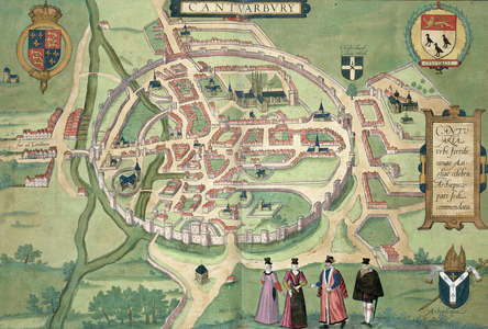 Map of Canterbury, from 'Civitates Orbis Terrarum' by Georg Braun (1541-1622) and Frans Hognenberg (1535-90) c.1572-1617 (coloured engraving)
