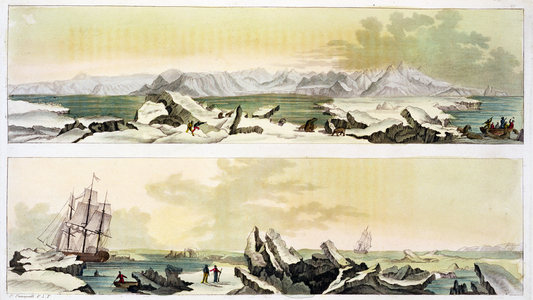 View of Spitsbergen with 'The Dorothea' (colour engraving)