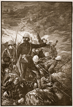 Sir George Colley at Majuba Hill, illustration from 'Cassell's Illustrated History of England' (engraving) (sepia photo)