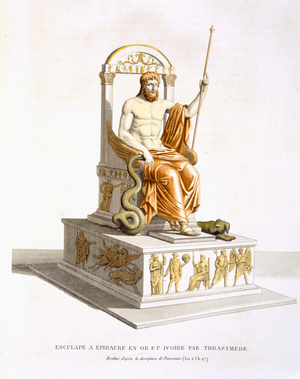 Aesclepius, God of Medicine, at Epidauris, illustration from 'General study of Greek architecture and sculpture, pub. Firmin-Didot, Paris, 1814 (colour litho)