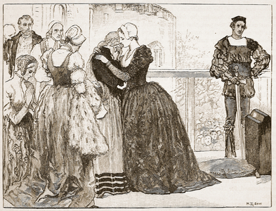 Anne Boleyn's last farewell to her ladies, illustration from 'Cassell's Illustrated History of England' (engraving) (sepia photo)
