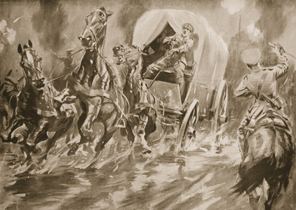 Private Fitch driving a transport cart after the driver had been shot (litho)