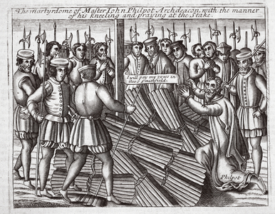 The martyrdom of Master John Philpot, Archdeacon, with the manner of kneeling and praying at the stake, illustration from 'Acts and Monuments' by John Foxe, ninth edition, pub. 1684 (litho)