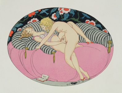 Lesbian Couple on Striped Cushions, illustration from The Pleasures of Eros, 1917 (pen and ink, w/c)
