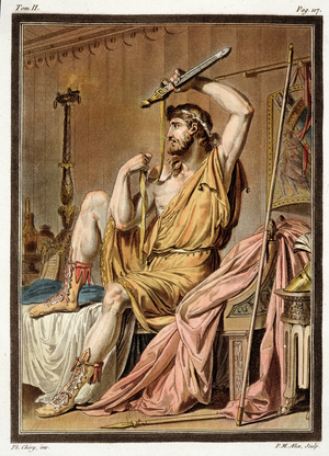 Agamemnon, costume for 'Iphigenia in Aulis' by Jean Racine, from Volume II of 'Research on the Costumes and Theatre of All Nations', engraved by Pierre Michel Alix (1762-1817) 1802 (coloured engraving)