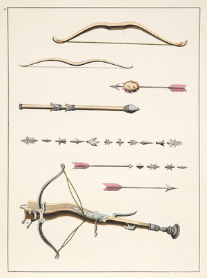 Bows and arrows from the 14th-15th century, plate from 'A History of the Development and Customs of Chivalry', by Dr. Franz Kottenkamp, published by Carl Hoffmann, 1842 (colour litho)