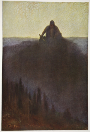 Wotan waits in Valhalla for the end with his broken spear, 1906 (colour litho)