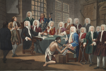 Bambridge on trial for murder by a committee of the House of Commons, illustration from 'Hogarth Restored: The Whole Works of the celebrated William Hogarth, re-engraved by Thomas Cook', pub. 1812 (hand-coloured engraving)