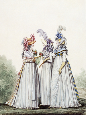 Morning Dresses, fig. 16, fig. 17 & fig. 18 from 'The Gallery of Fashion', 1797 (coloured engraving)