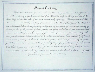 Text explaining the theory of Ancient Gardening, from the Red Book for Antony House, c.1812 (pen & ink on paper)