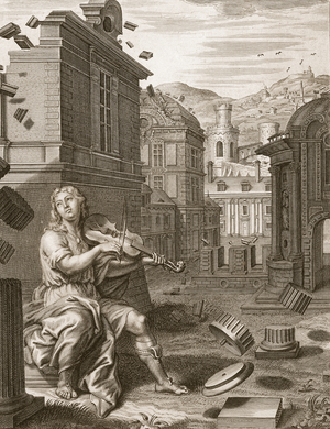 Amphion Builds the Walls of Thebes by the Music of his Lyre, 1731 (engraving)