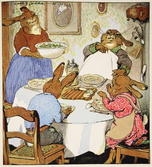 Home safe, illustration from 'De Haschenschule, ein Lustiges Bilderbuch' by Fritz Koch-Gotha and Albert Sixtus, 1924 (colour litho)