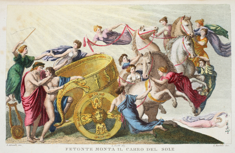 Phaeton Drives the Chariot of the Sun or Fetonte Monta il Carro del Sole, Book II, illustration from Ovid's Metamorphoses, Florence, 1832 (hand-coloured engraving)