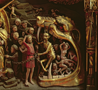 The Devil pulling people into the Jaws of Hell (carved wood)