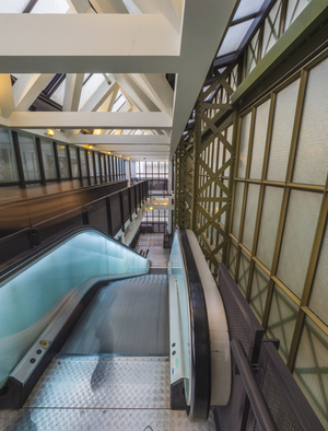 The Orsay Museum. Paris. France - Mechanical staircase among the metal frame of the structure and the beams and walkways - Musee d'Orsay, Paris - Photography 2017