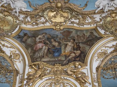 Nymphs offering flowers in Psyche on the threshold of the Palace of Love. Painting by Charles Joseph Natoire (1700-1777), 1737. Princess Oval Lounge. Hotel de Soubise, Paris, 18th century
